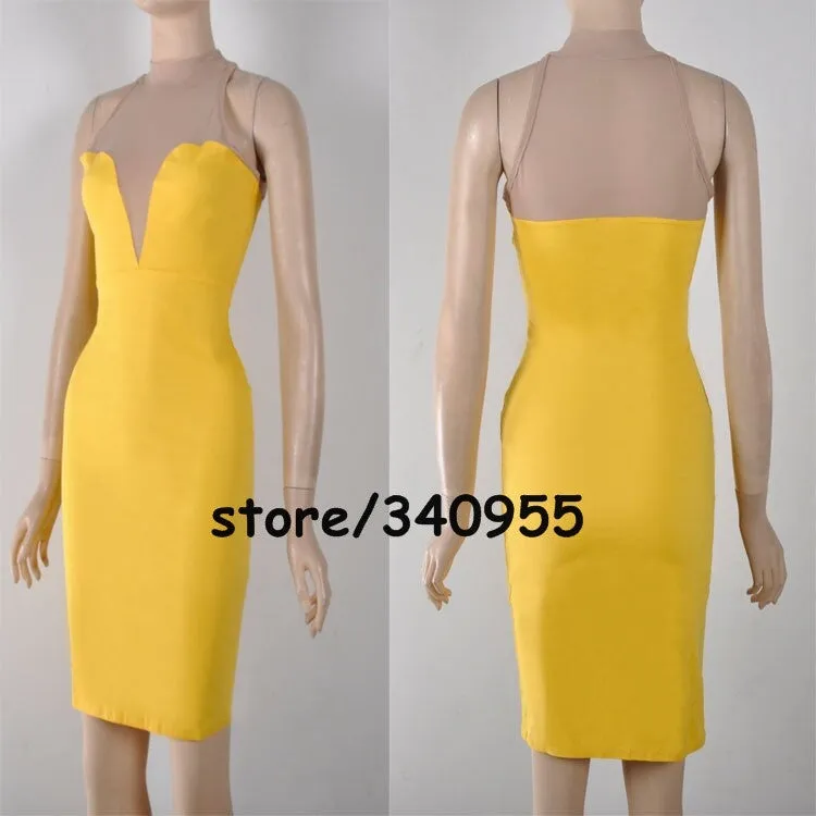 Women Dresses Patchwork Mesh Sleeveless Cotton Party Evening Pencil Bodycon Dresses