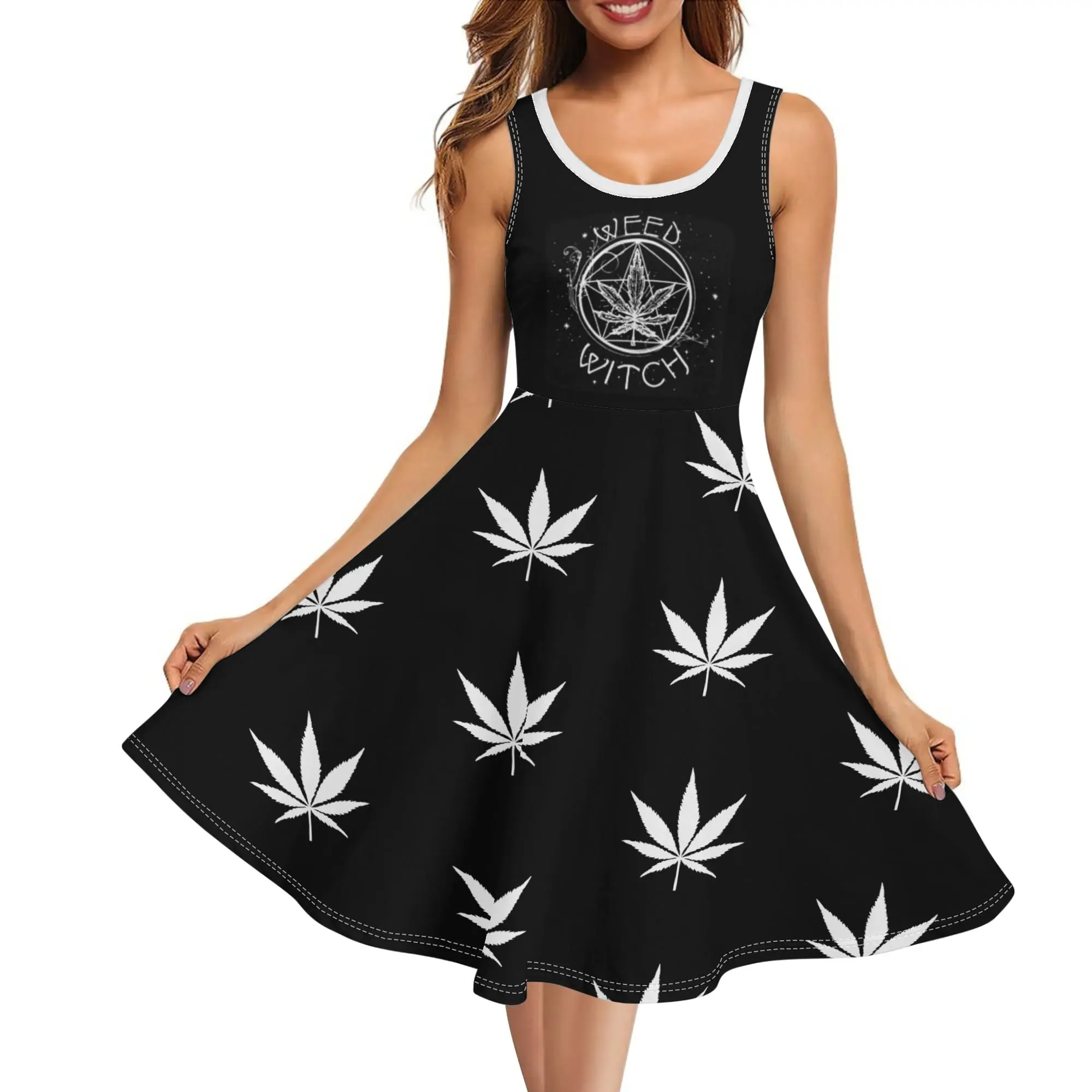 Women's Black and White Witchy Pattern Round Neck Sleeveless Tank Dress