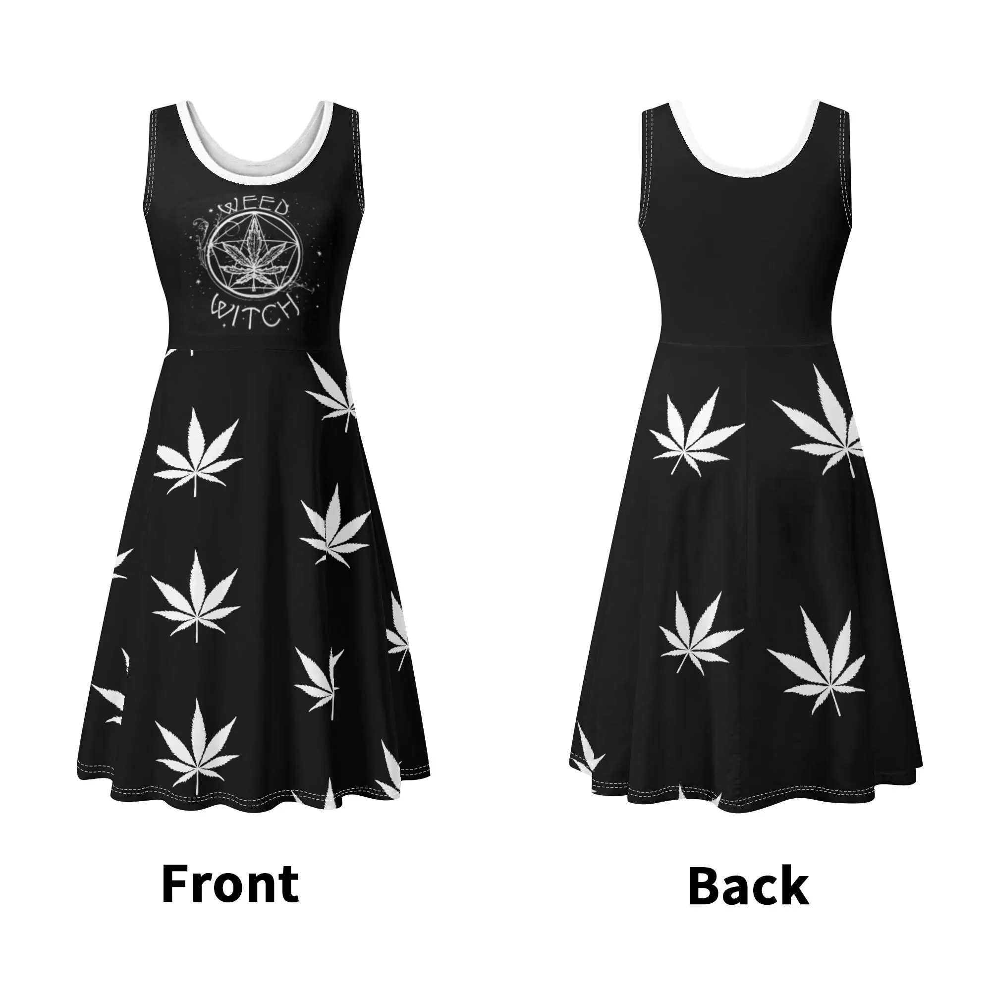 Women's Black and White Witchy Pattern Round Neck Sleeveless Tank Dress