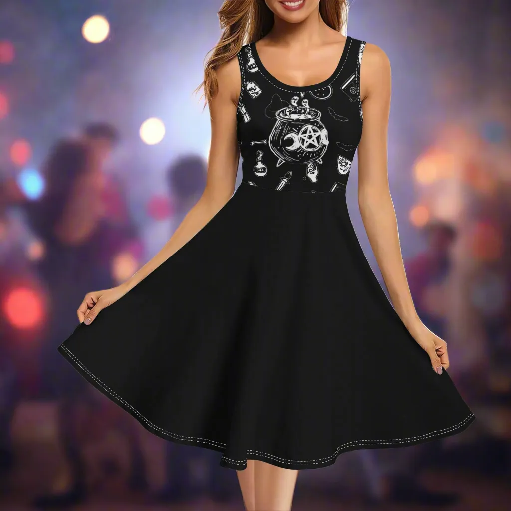 Women's Black and White Witchy Pattern Round Neck Sleeveless Tank Dress