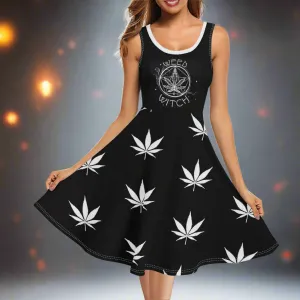Women's Black and White Witchy Pattern Round Neck Sleeveless Tank Dress