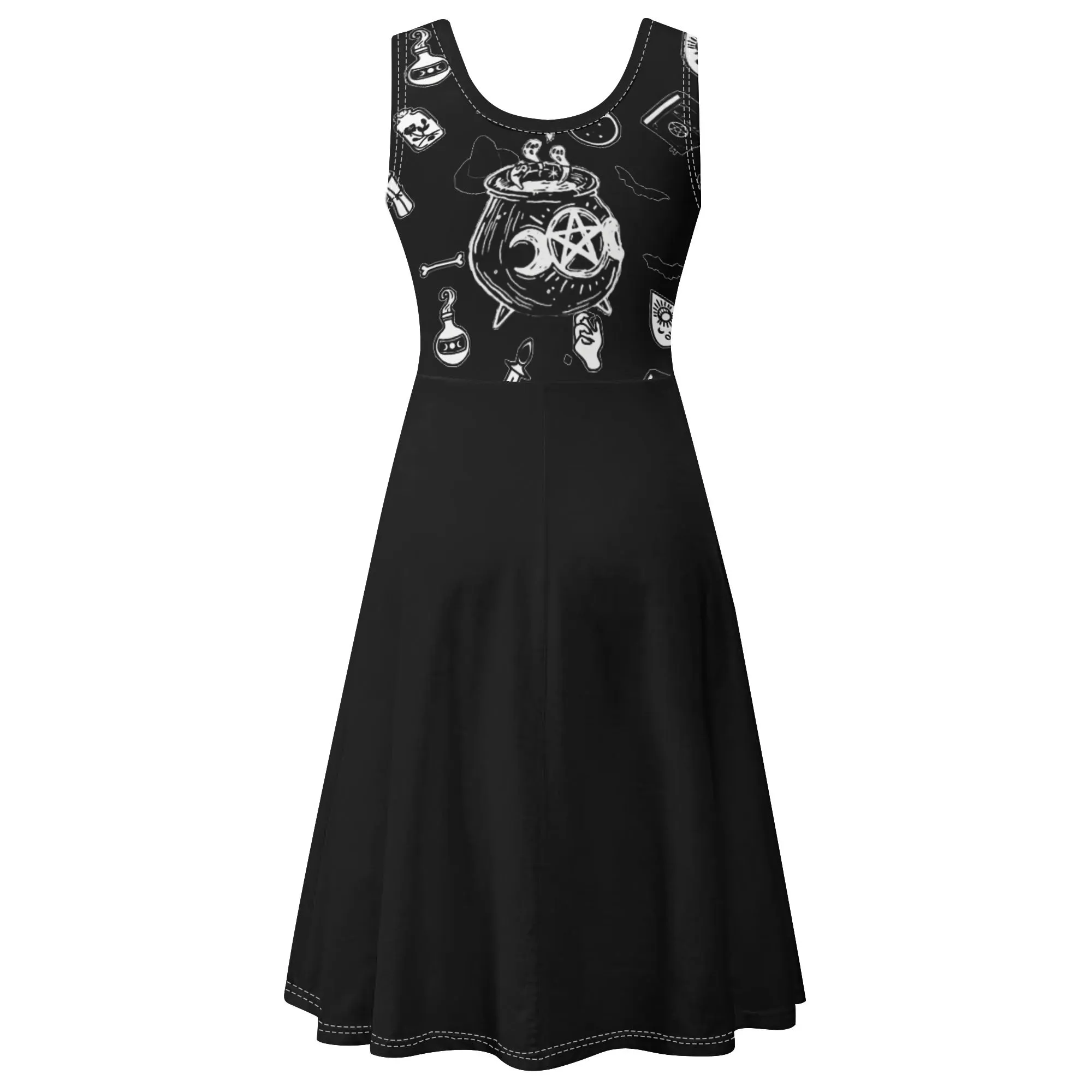 Women's Black and White Witchy Pattern Round Neck Sleeveless Tank Dress