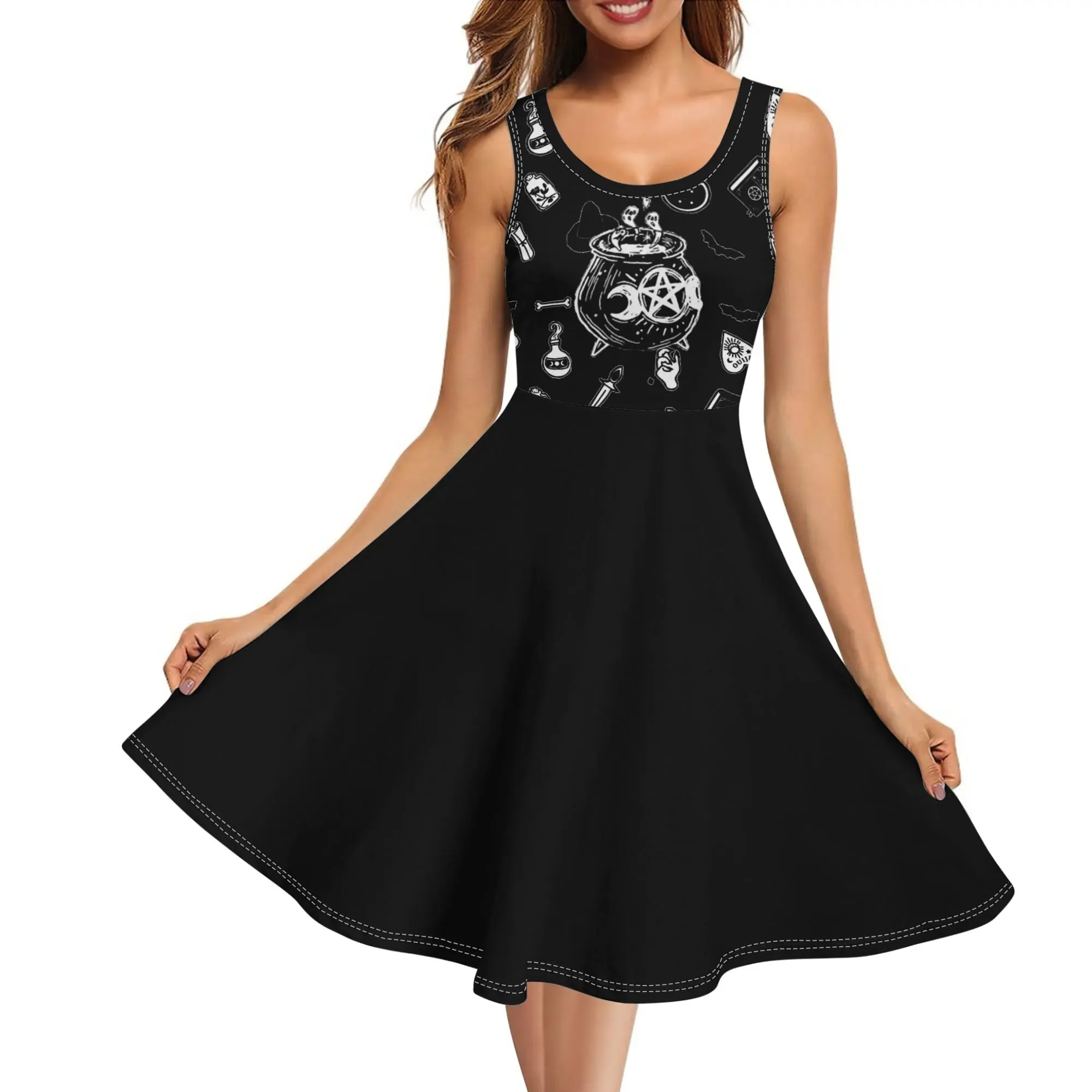 Women's Black and White Witchy Pattern Round Neck Sleeveless Tank Dress