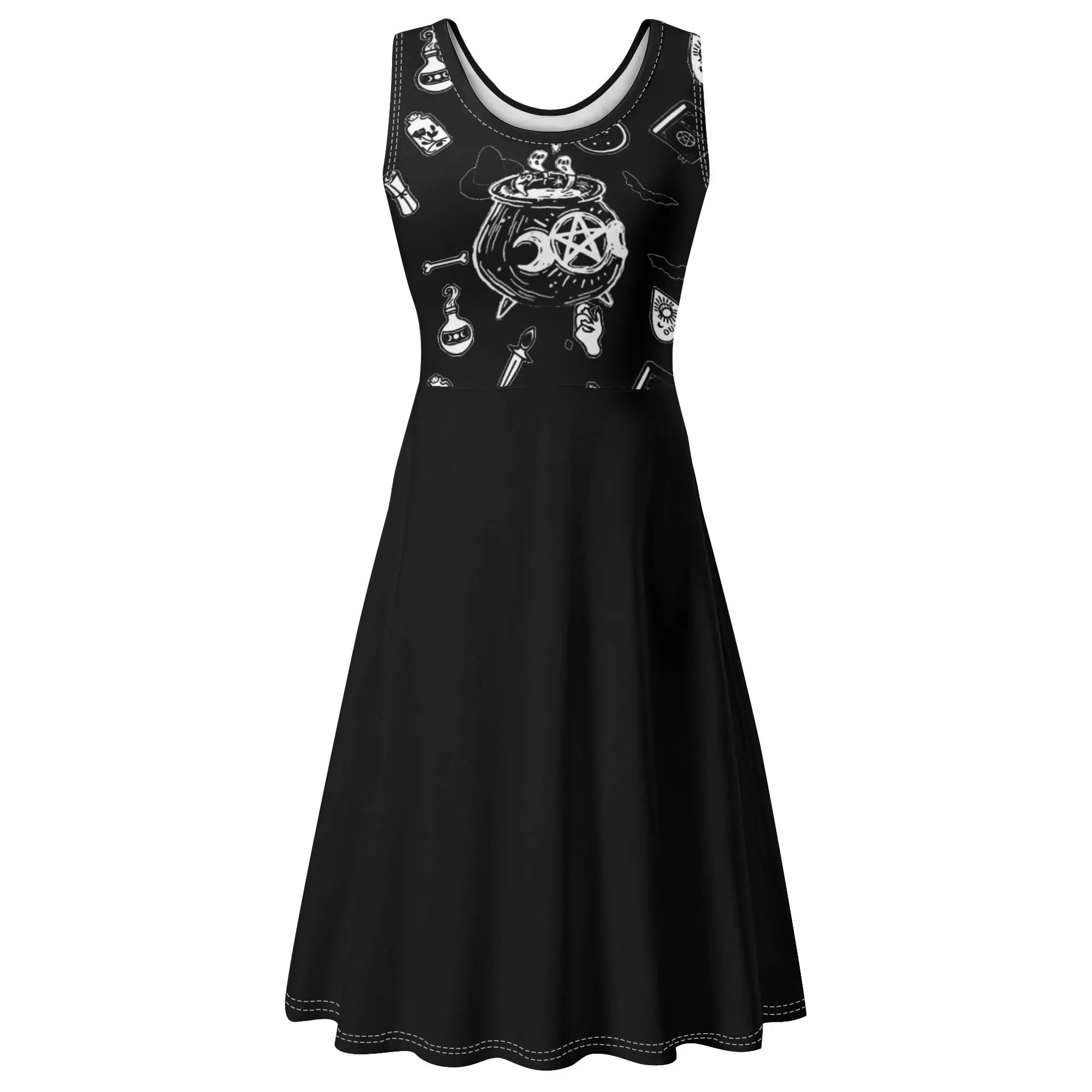 Women's Black and White Witchy Pattern Round Neck Sleeveless Tank Dress