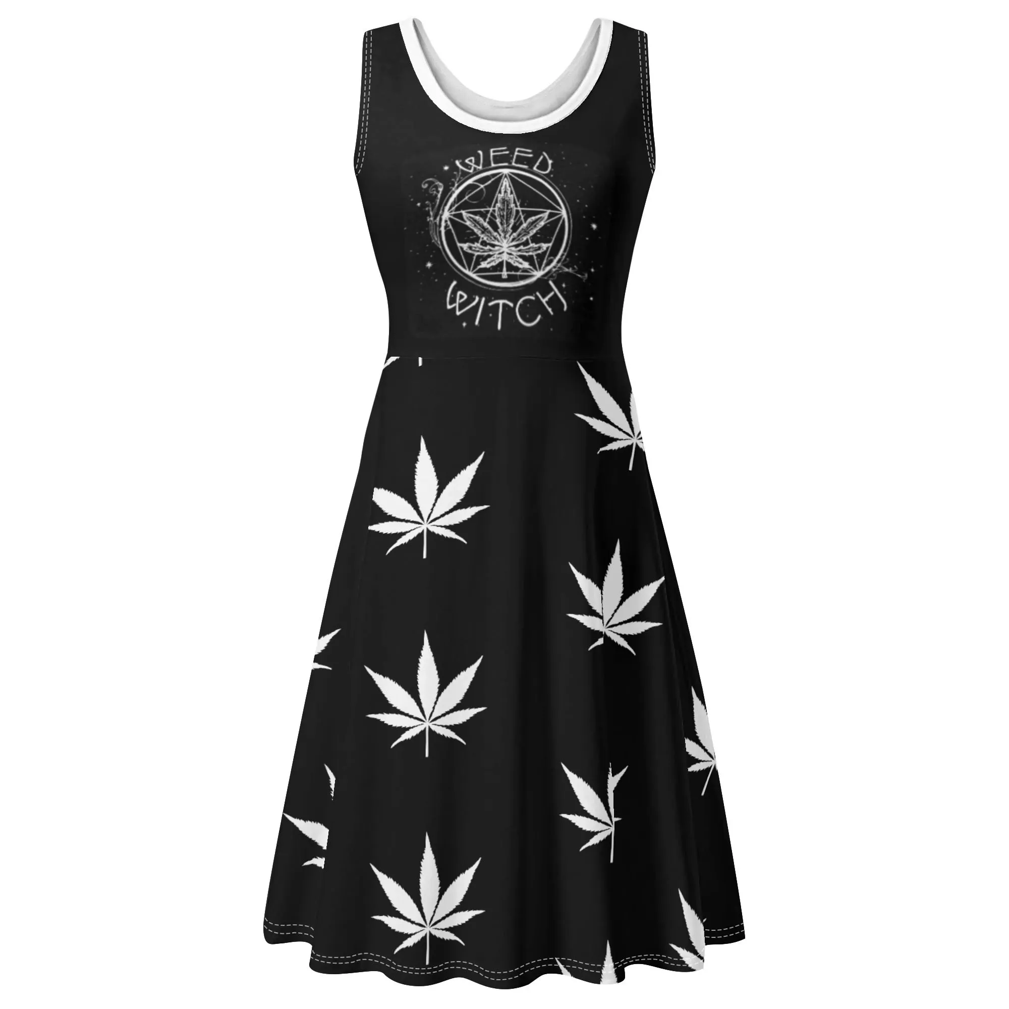 Women's Black and White Witchy Pattern Round Neck Sleeveless Tank Dress