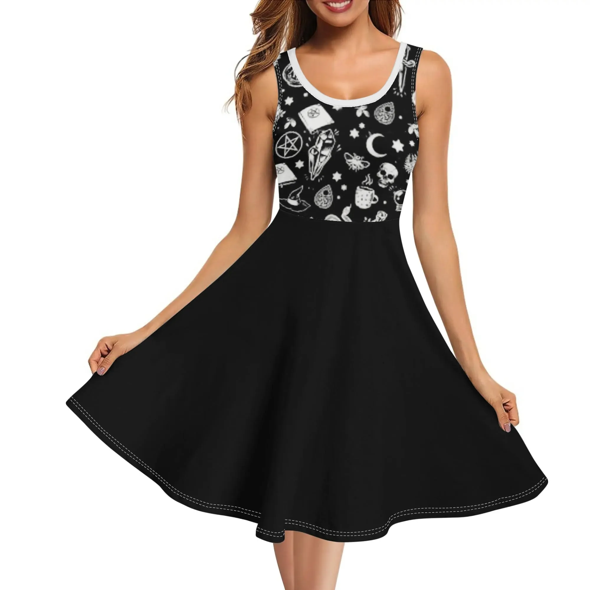 Women's Black and White Witchy Pattern Round Neck Sleeveless Tank Dress