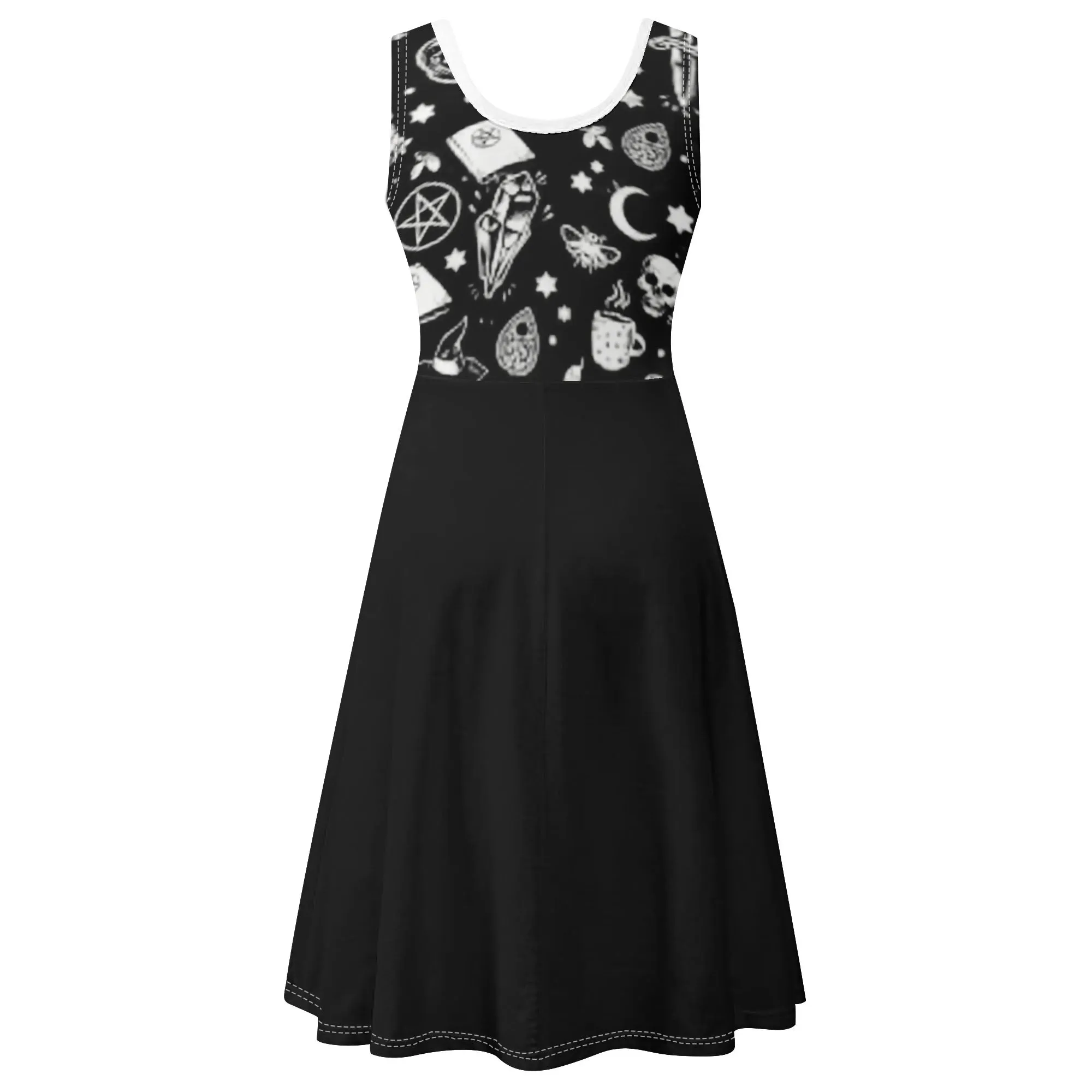 Women's Black and White Witchy Pattern Round Neck Sleeveless Tank Dress