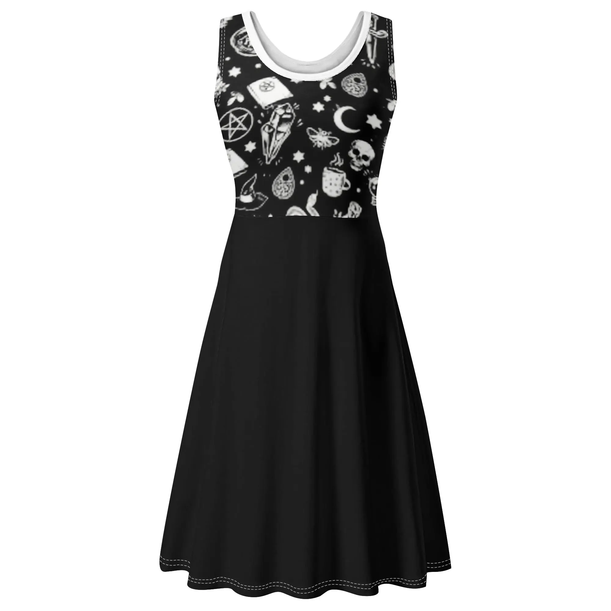 Women's Black and White Witchy Pattern Round Neck Sleeveless Tank Dress