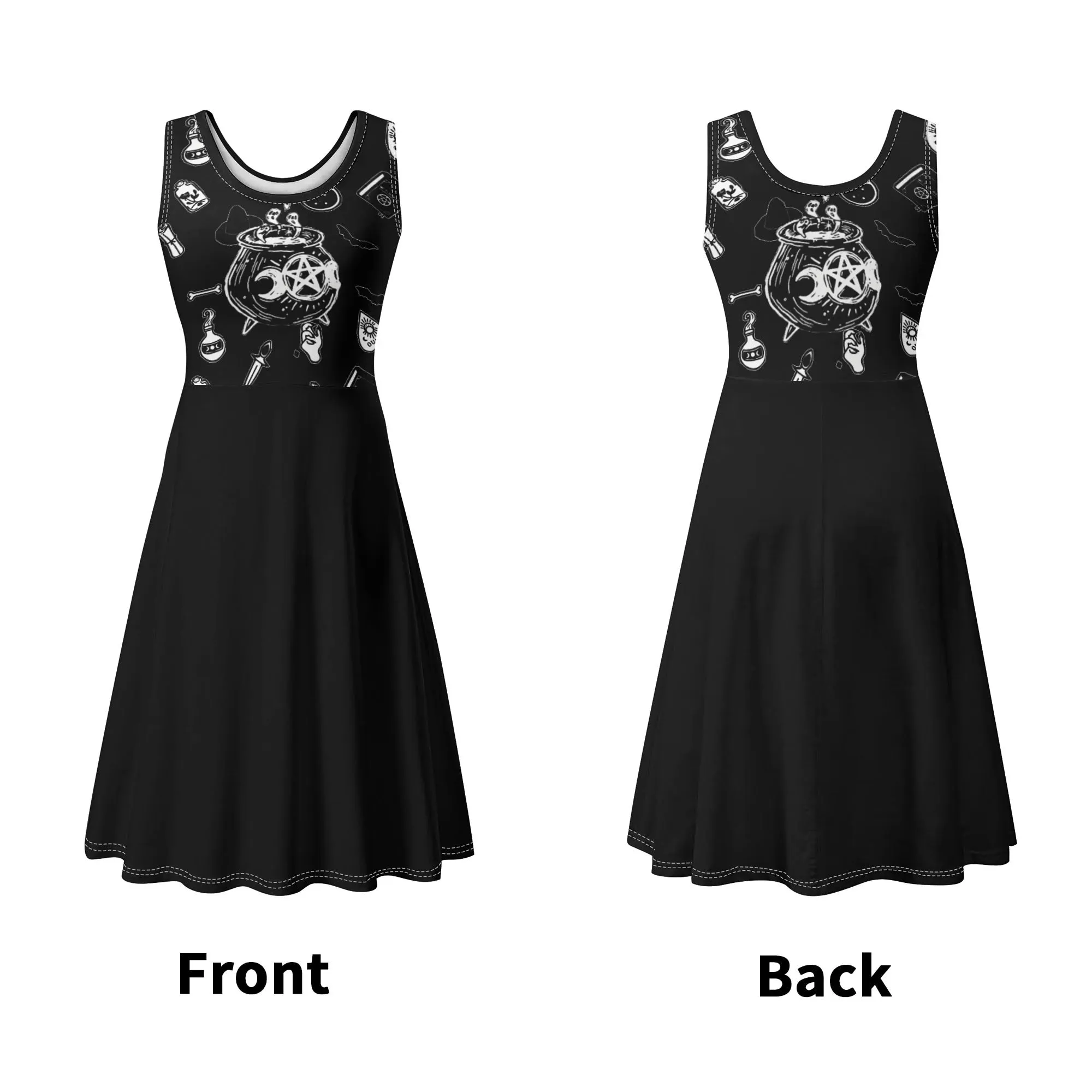 Women's Black and White Witchy Pattern Round Neck Sleeveless Tank Dress