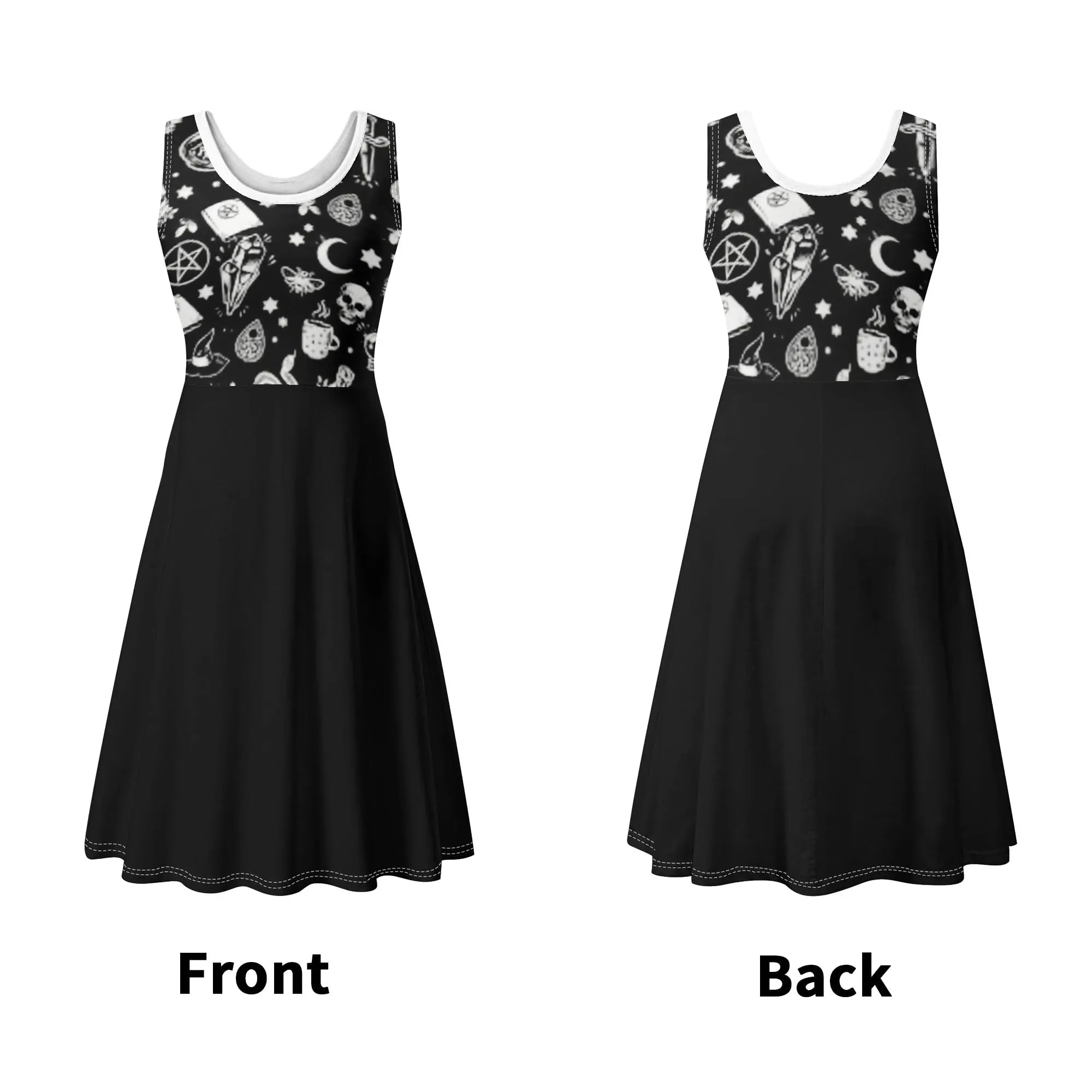 Women's Black and White Witchy Pattern Round Neck Sleeveless Tank Dress
