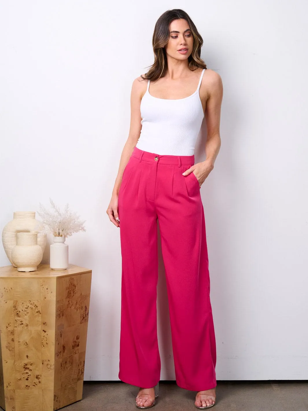 WOMEN'S BUTTON CLOSURE HIGH WAIST WIDE LEG POCKETS PANTS