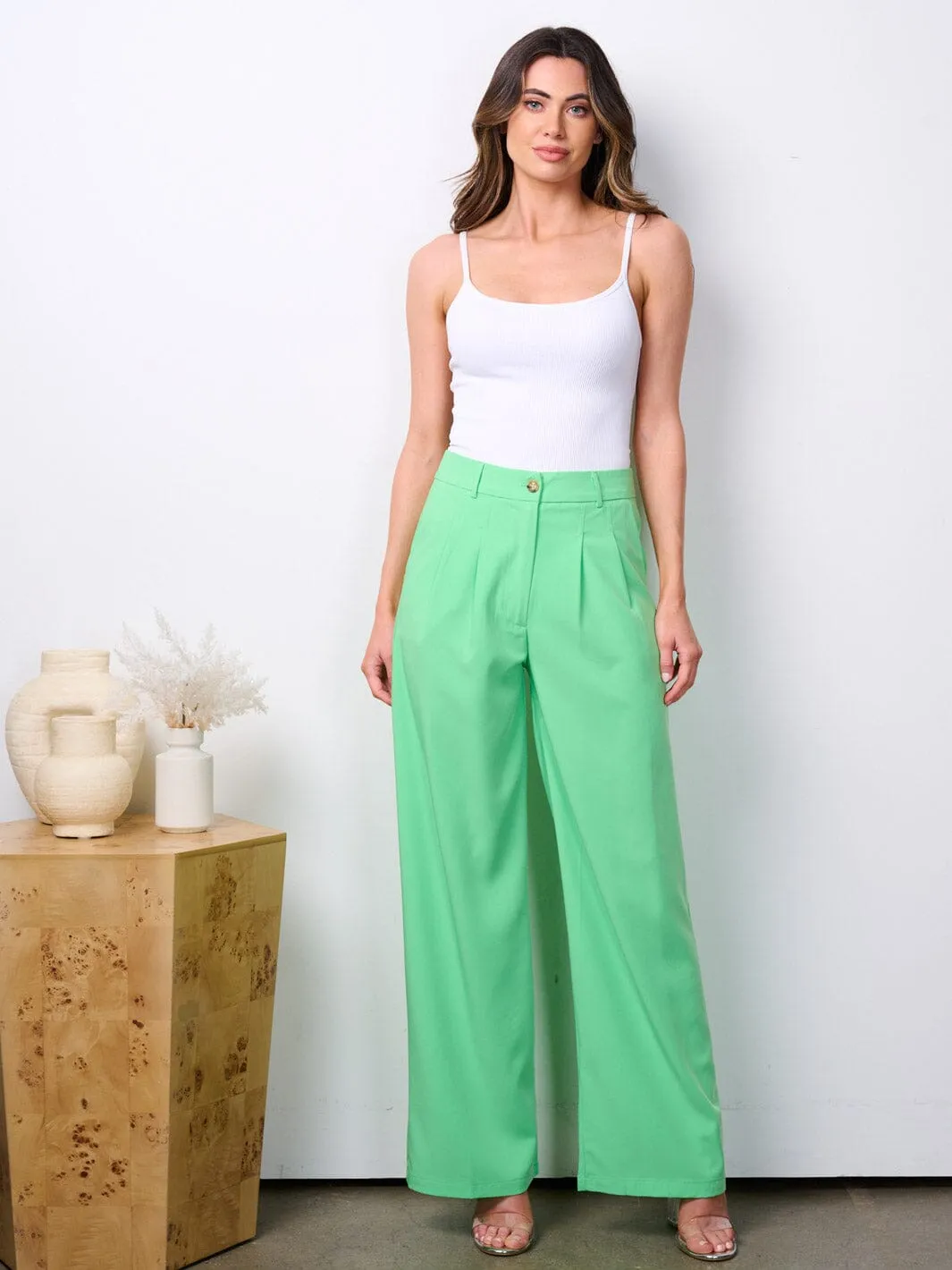 WOMEN'S BUTTON CLOSURE HIGH WAIST WIDE LEG POCKETS PANTS