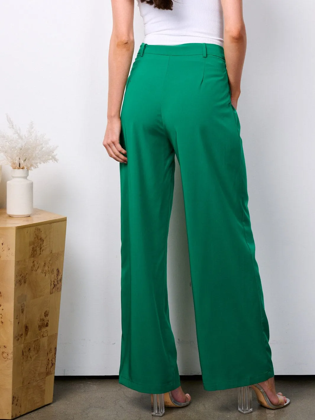 WOMEN'S BUTTON CLOSURE HIGH WAIST WIDE LEG POCKETS PANTS