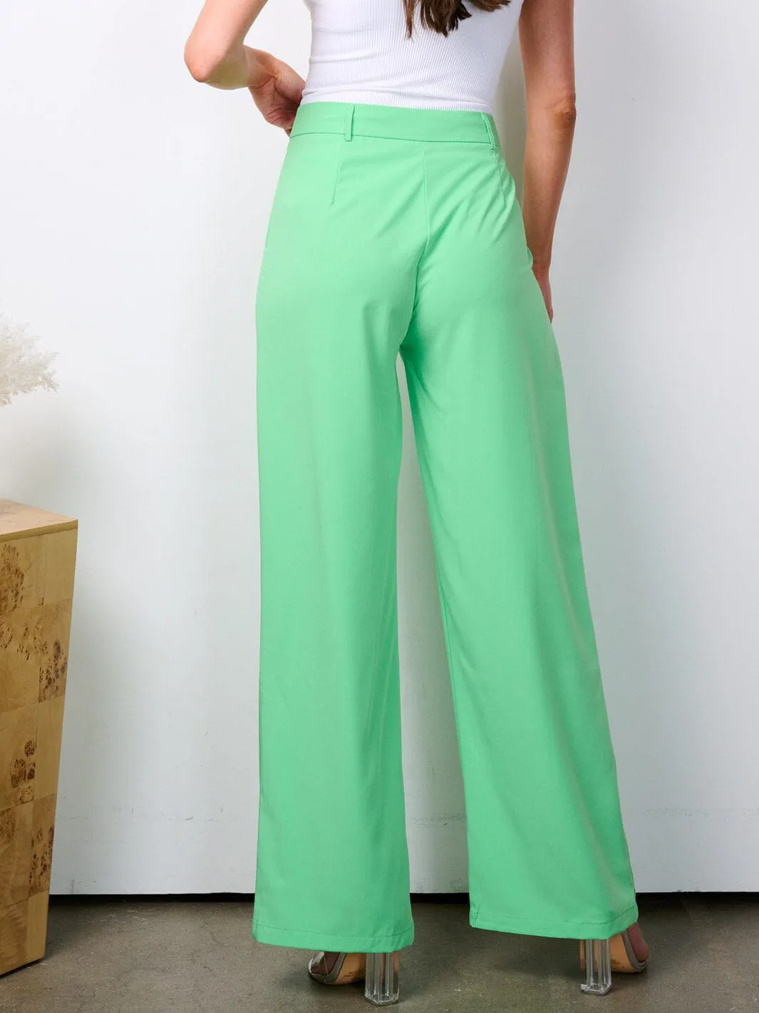 WOMEN'S BUTTON CLOSURE HIGH WAIST WIDE LEG POCKETS PANTS