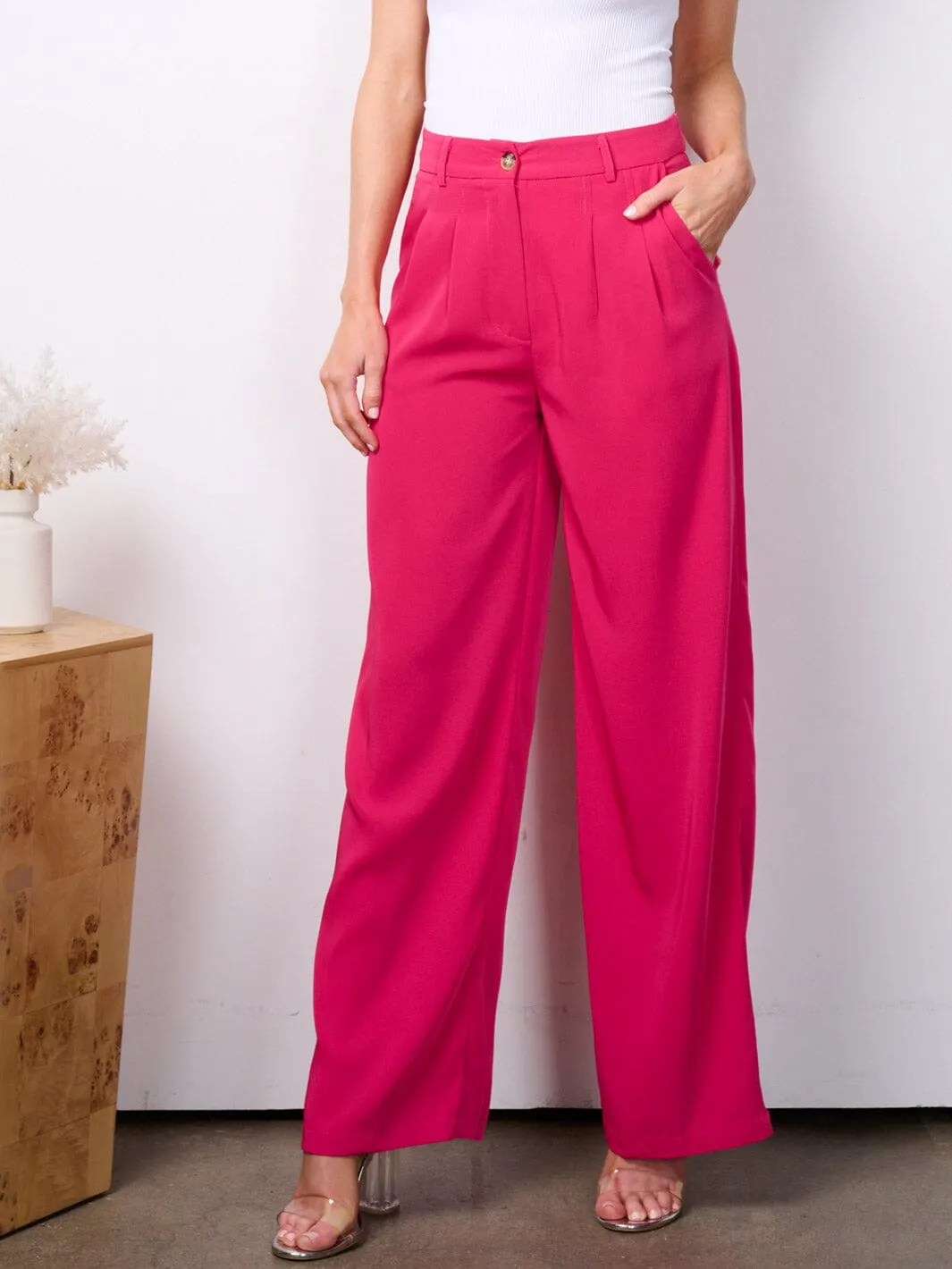 WOMEN'S BUTTON CLOSURE HIGH WAIST WIDE LEG POCKETS PANTS