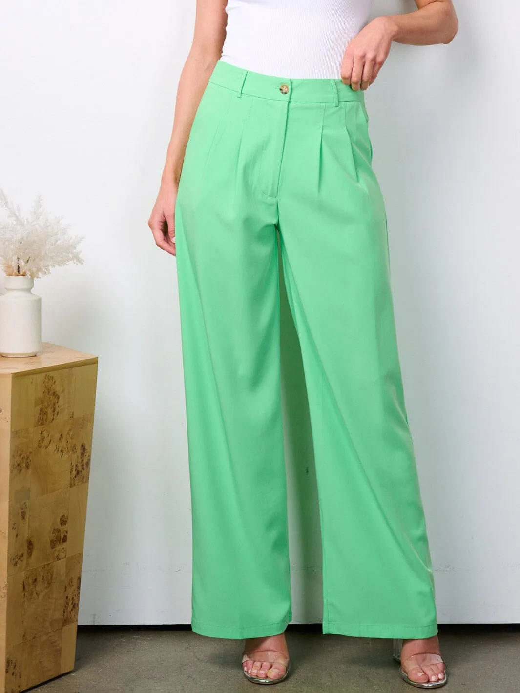 WOMEN'S BUTTON CLOSURE HIGH WAIST WIDE LEG POCKETS PANTS