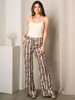 WOMEN'S BUTTON CLOSURE POCKETS WIDE LEG MULTI PRINT PANTS