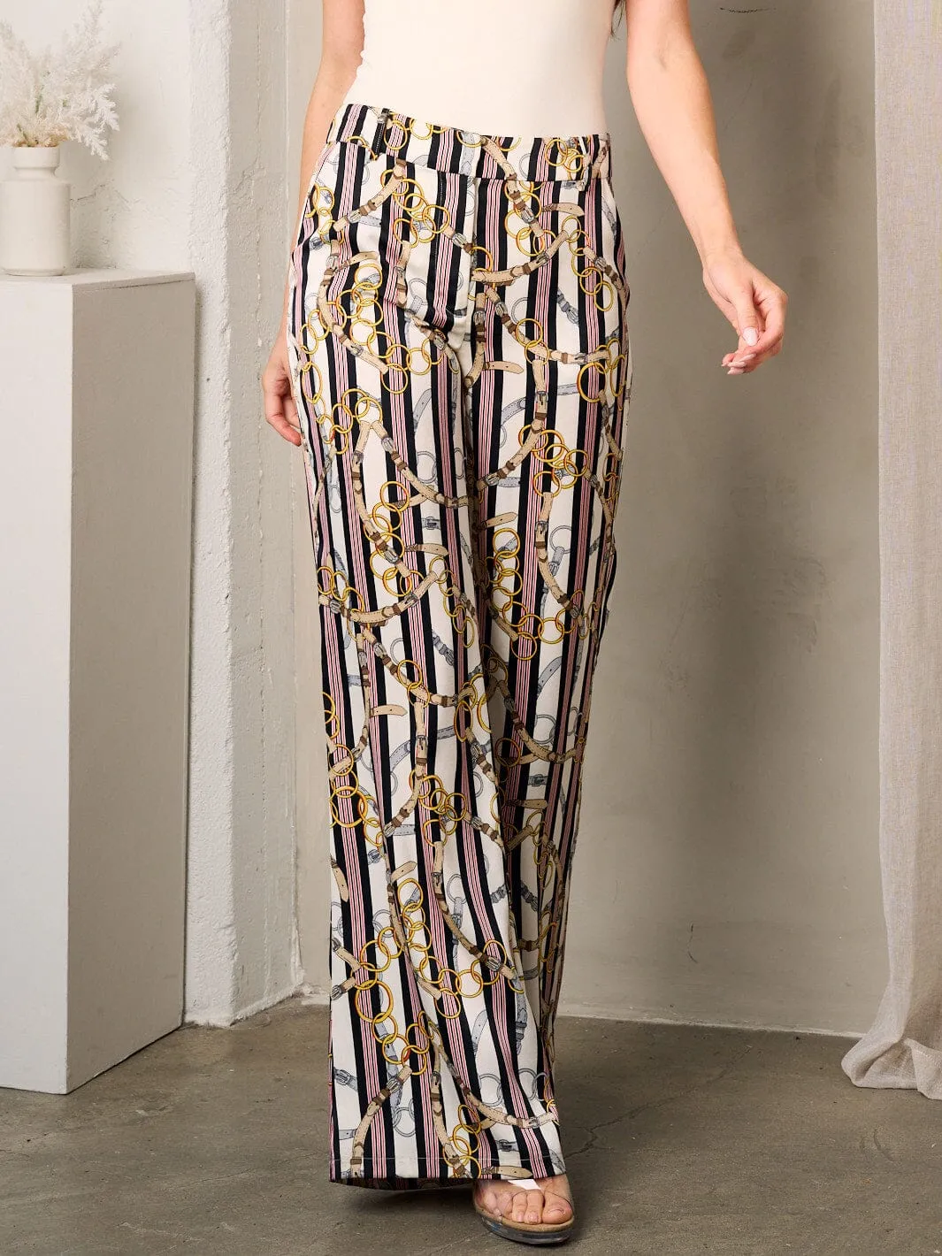 WOMEN'S BUTTON CLOSURE POCKETS WIDE LEG MULTI PRINT PANTS