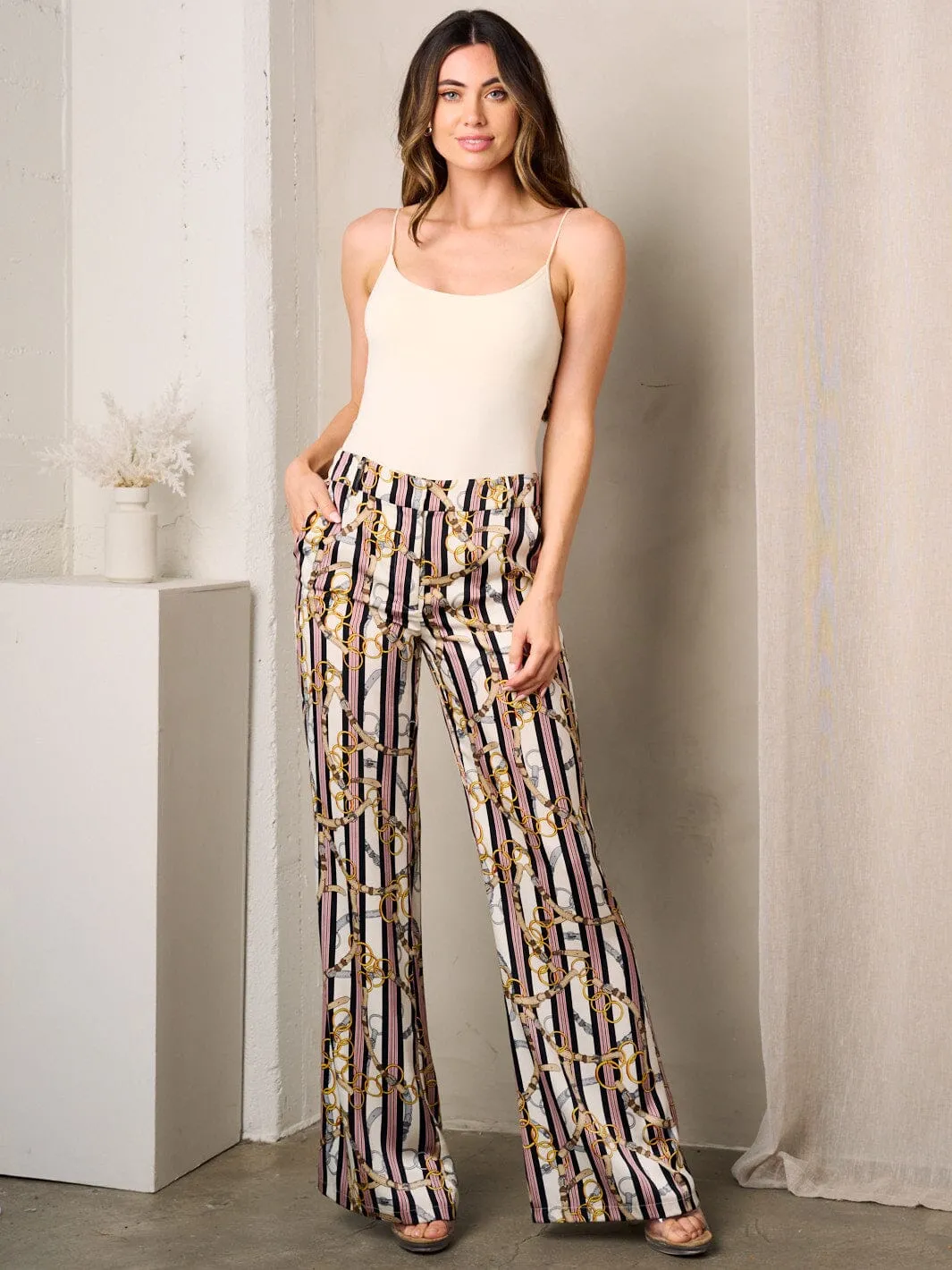 WOMEN'S BUTTON CLOSURE POCKETS WIDE LEG MULTI PRINT PANTS