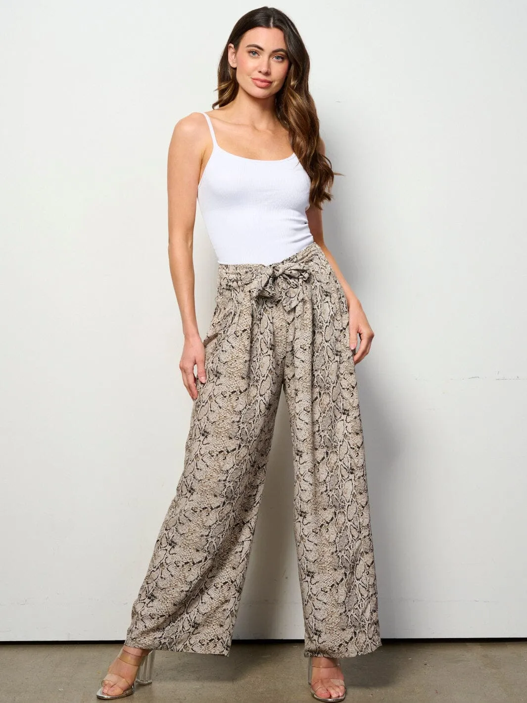 WOMENS ELASTIC WAIST SELF TIE POCKETS SNAKE PRINT WIDE LEG PANTS