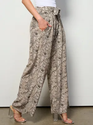 WOMENS ELASTIC WAIST SELF TIE POCKETS SNAKE PRINT WIDE LEG PANTS