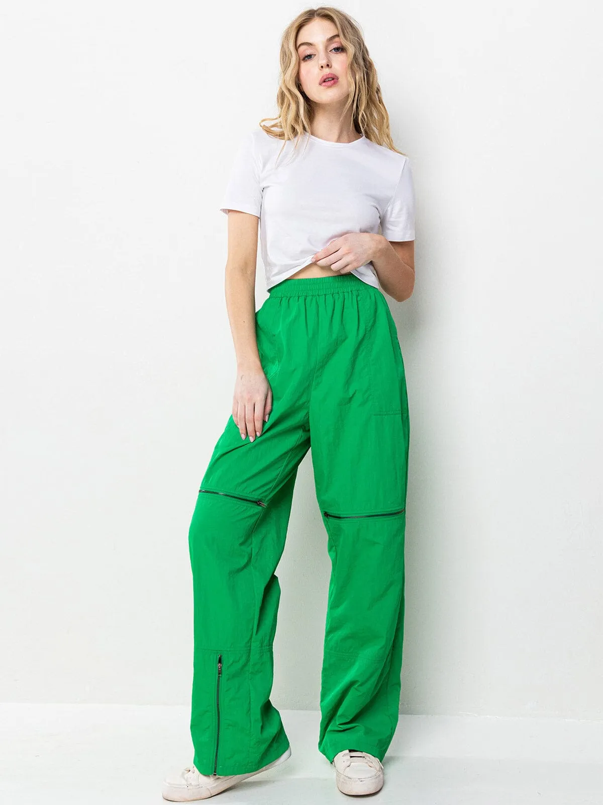 WOMEN'S ELASTIC WAIST ZIPPER DETAILED POCKETS WIDE LEG PANTS