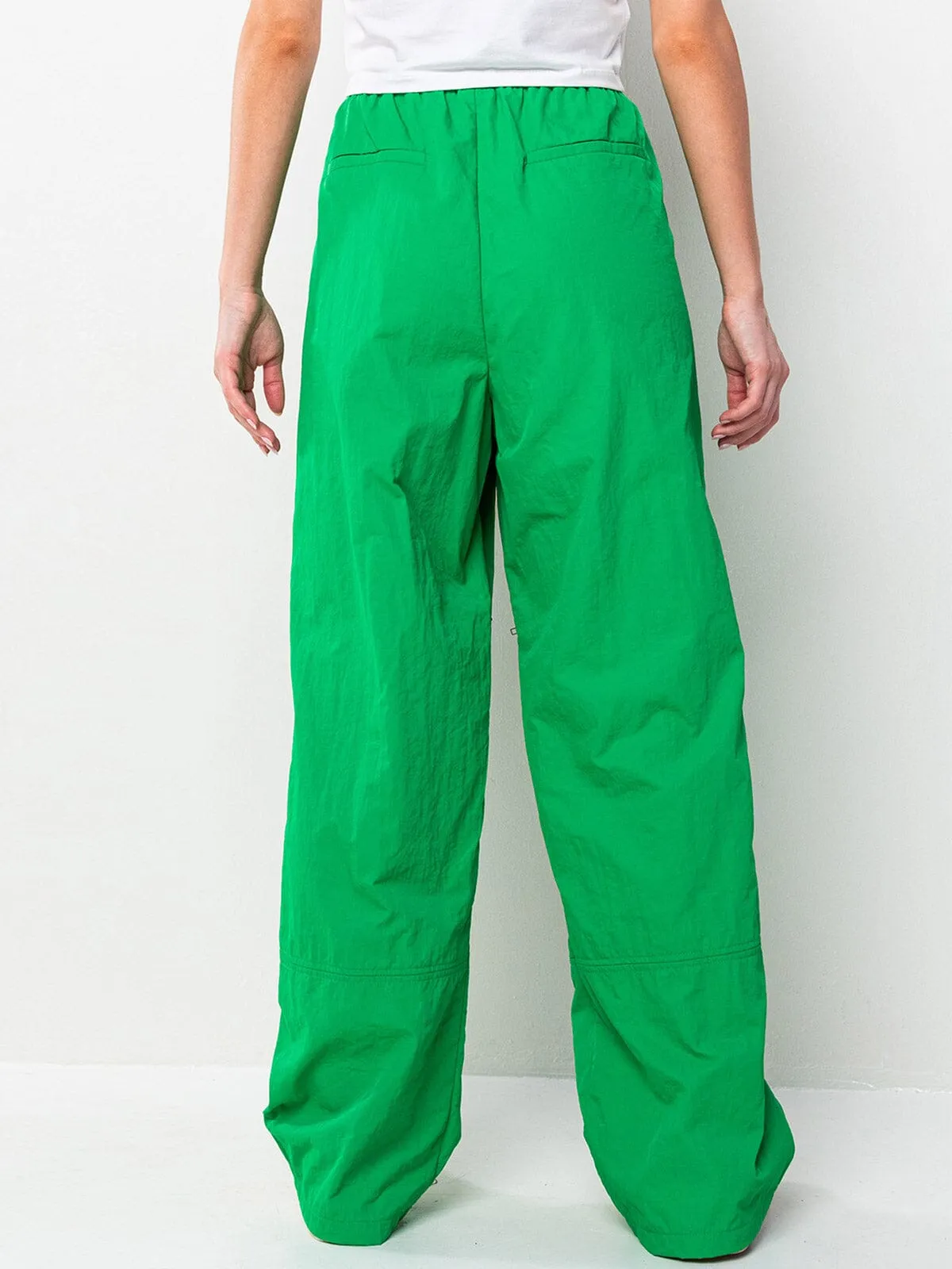 WOMEN'S ELASTIC WAIST ZIPPER DETAILED POCKETS WIDE LEG PANTS
