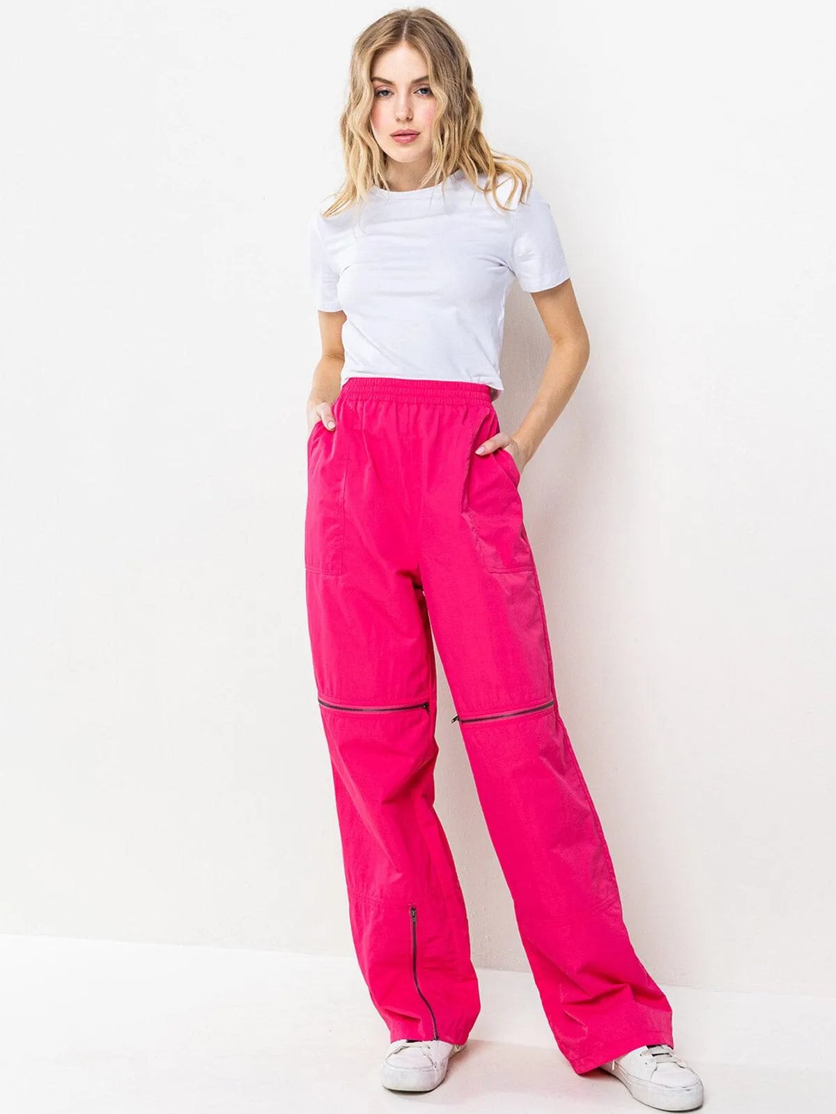 WOMEN'S ELASTIC WAIST ZIPPER DETAILED POCKETS WIDE LEG PANTS