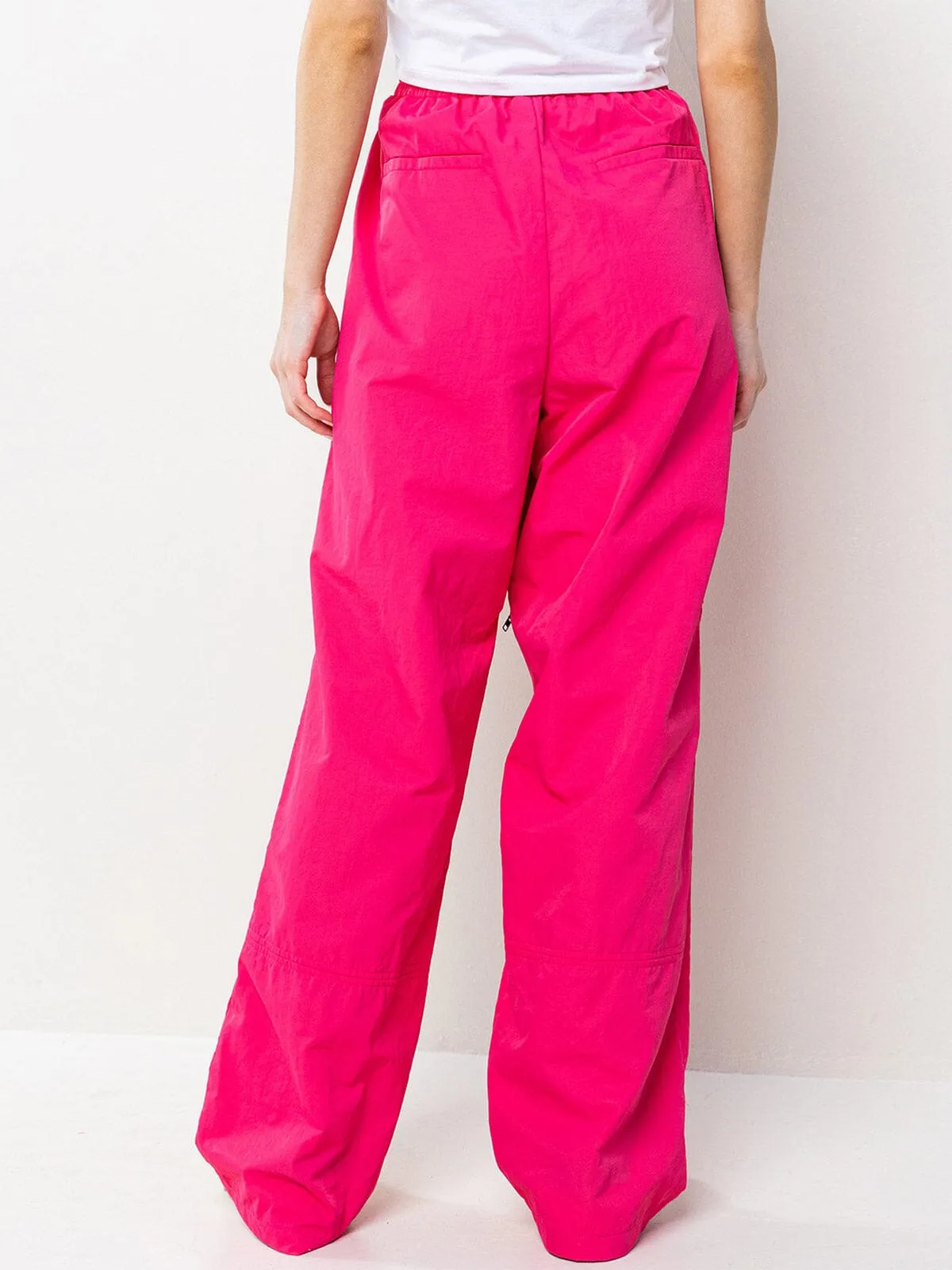 WOMEN'S ELASTIC WAIST ZIPPER DETAILED POCKETS WIDE LEG PANTS
