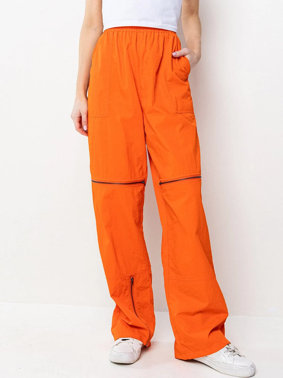 WOMEN'S ELASTIC WAIST ZIPPER DETAILED POCKETS WIDE LEG PANTS