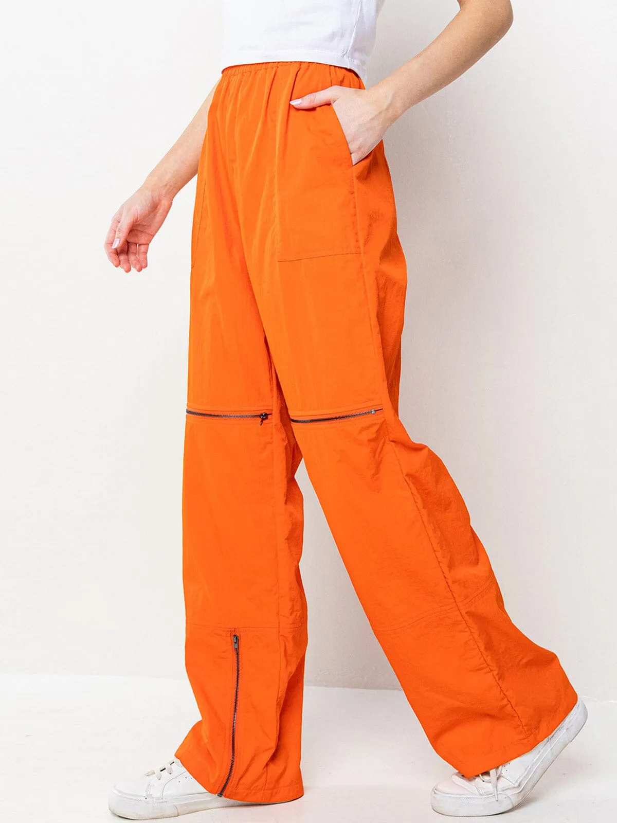 WOMEN'S ELASTIC WAIST ZIPPER DETAILED POCKETS WIDE LEG PANTS