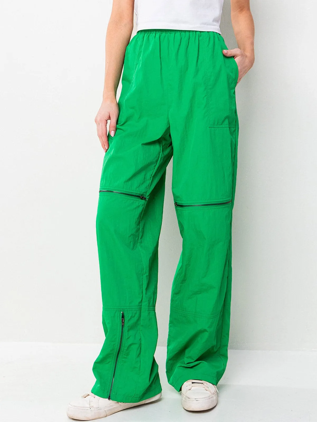 WOMEN'S ELASTIC WAIST ZIPPER DETAILED POCKETS WIDE LEG PANTS