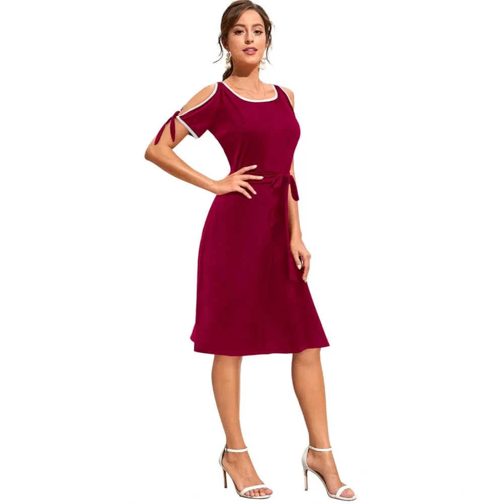 Womens Knitting strachable Solid Round Neck Sleeveless Dresses Maroon