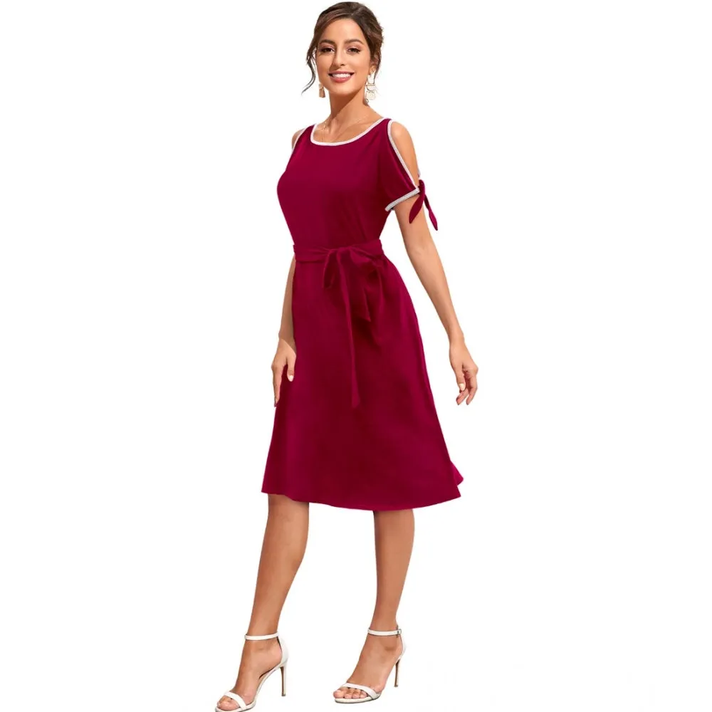 Womens Knitting strachable Solid Round Neck Sleeveless Dresses Maroon