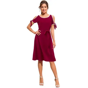 Womens Knitting strachable Solid Round Neck Sleeveless Dresses Maroon
