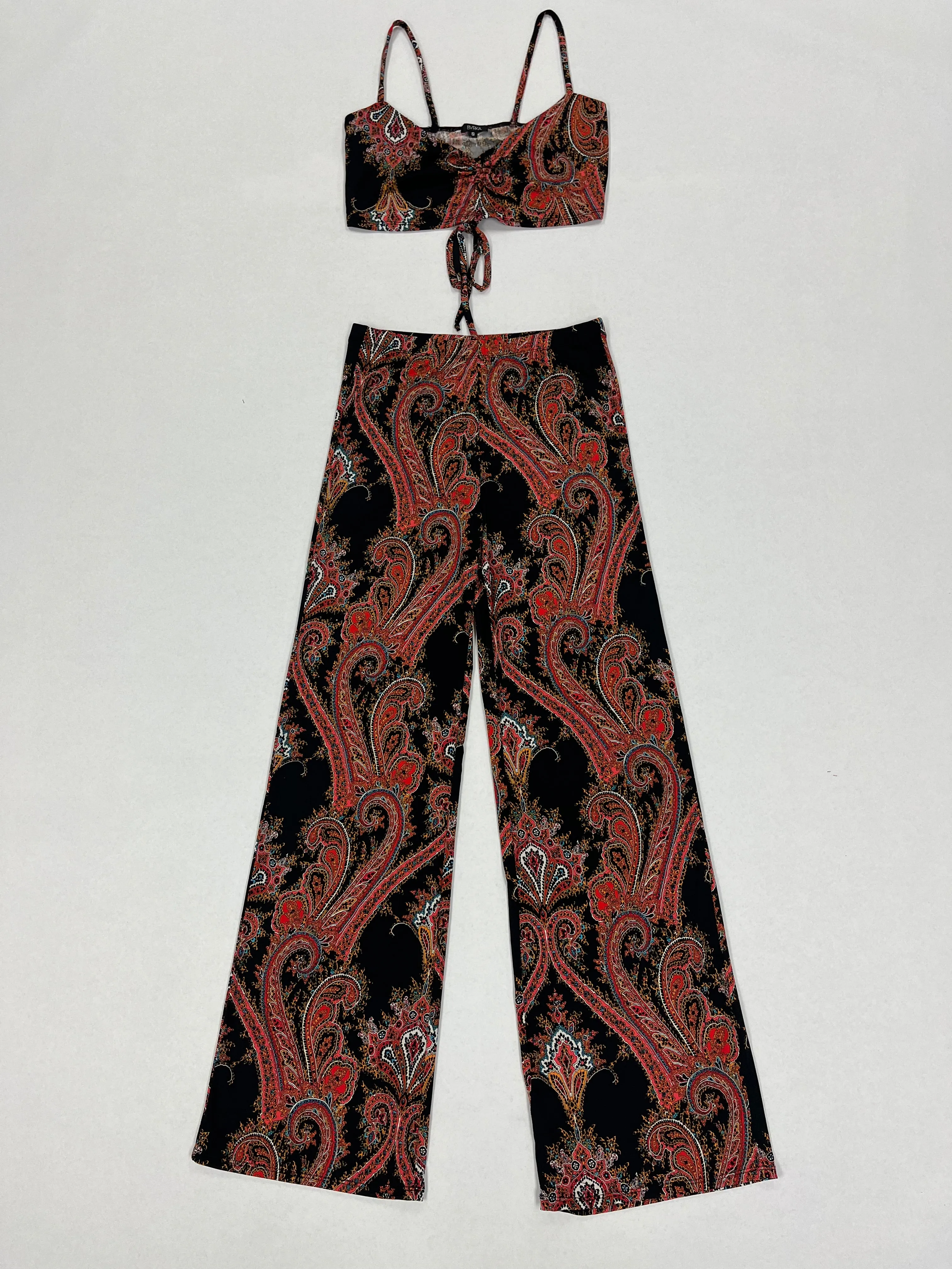 Women's Paisley Print Ruched Front  Crop Top and Wide Leg Pants Set