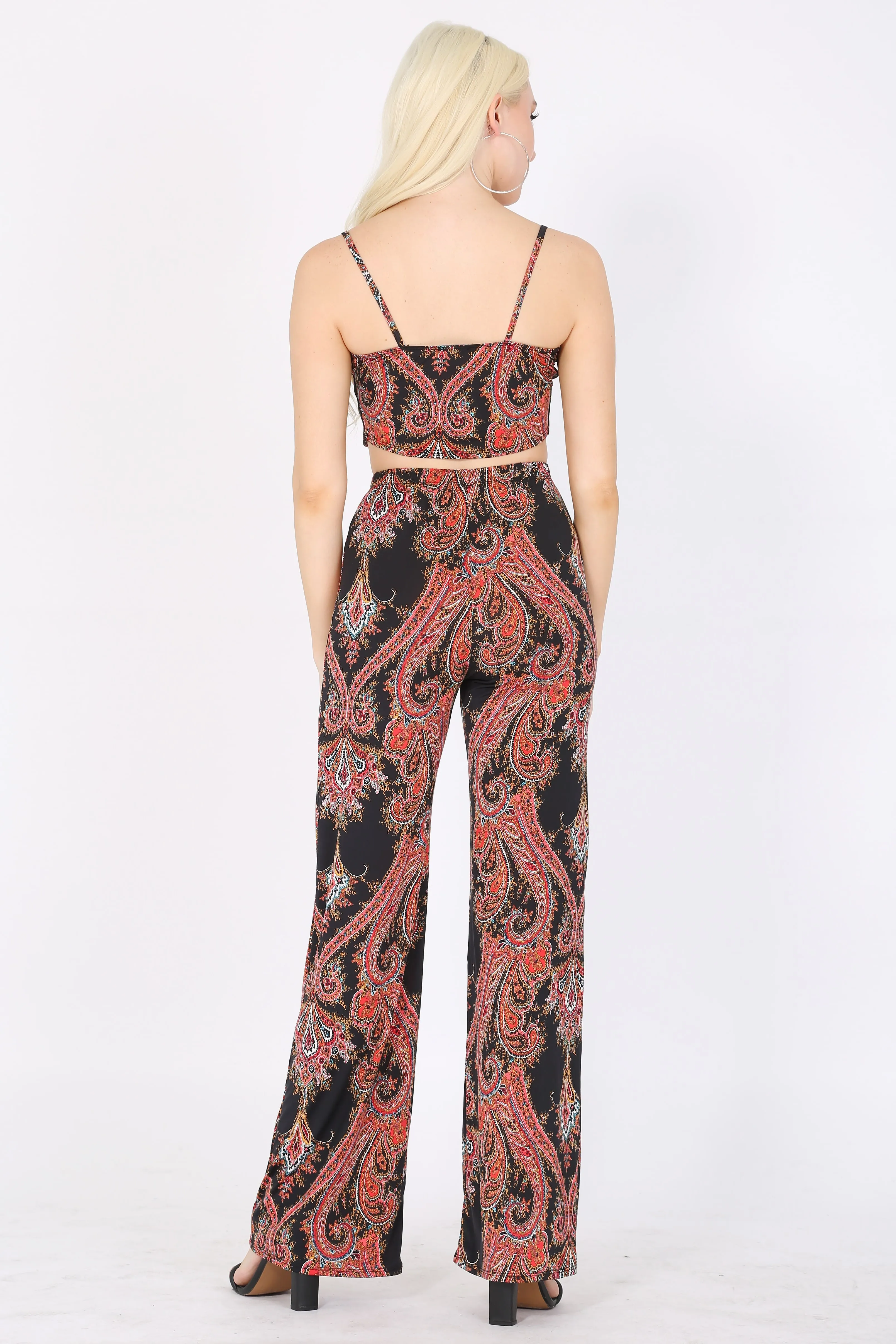 Women's Paisley Print Ruched Front  Crop Top and Wide Leg Pants Set