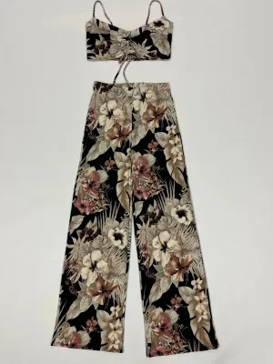 Women's Paisley Print Ruched Front  Crop Top and Wide Leg Pants Set