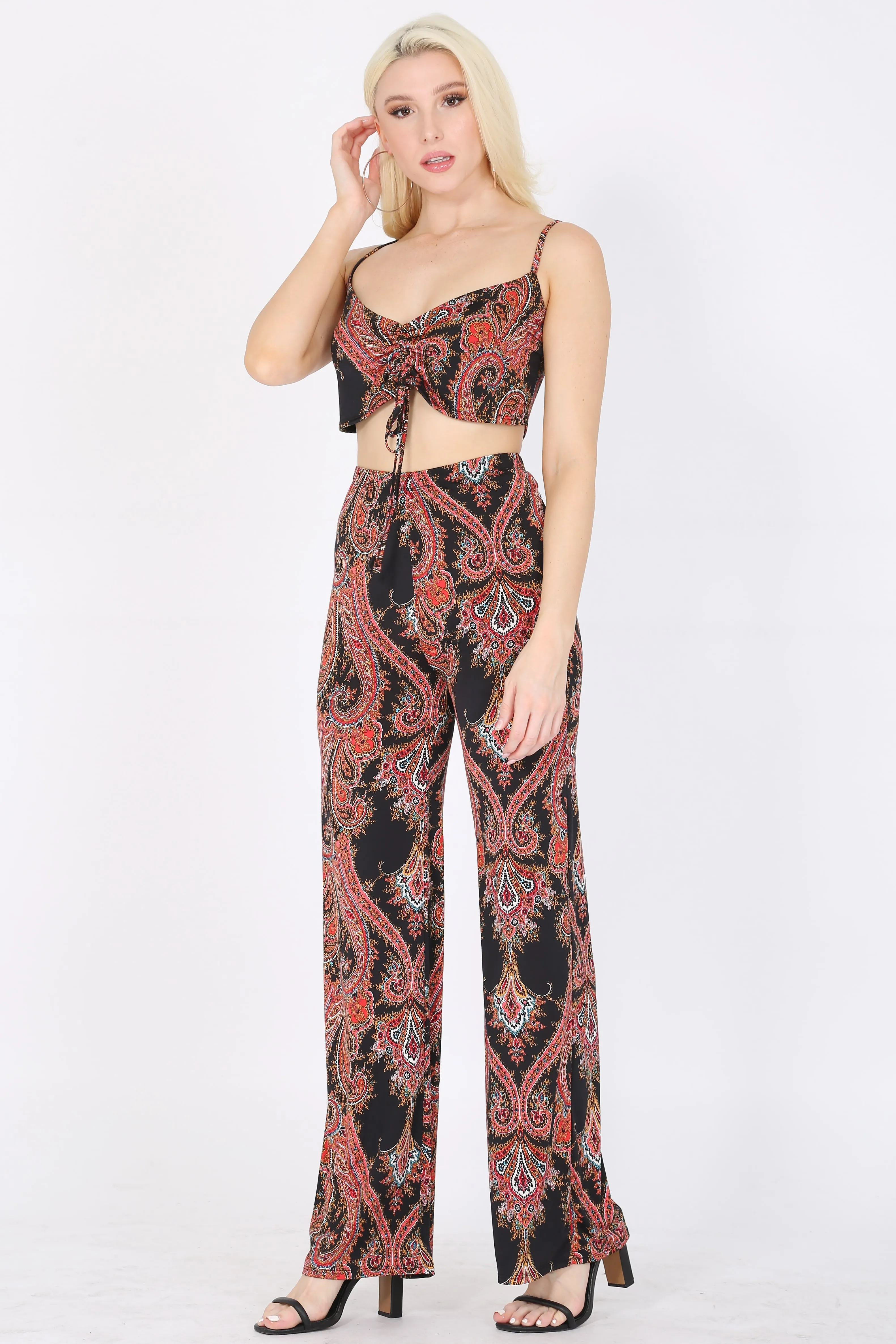 Women's Paisley Print Ruched Front  Crop Top and Wide Leg Pants Set