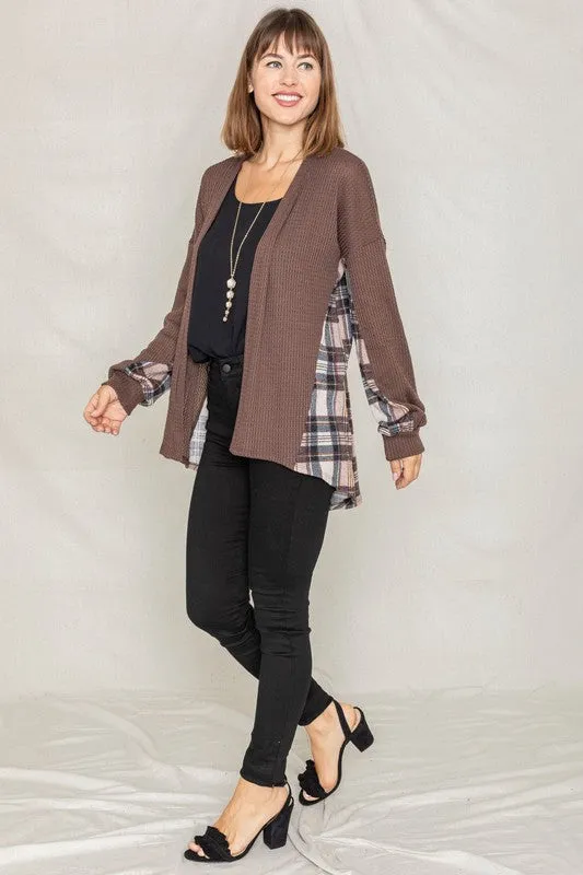 Women's Plaid Back Waffle Knit  Cardigan