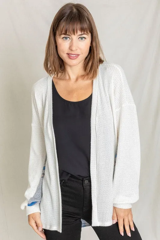 Women's Plaid Back Waffle Knit  Cardigan