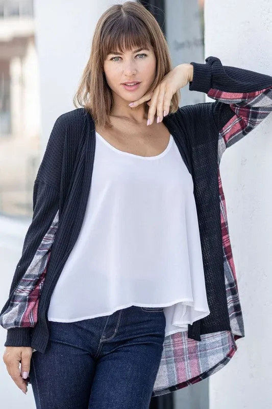 Women's Plaid Back Waffle Knit  Cardigan