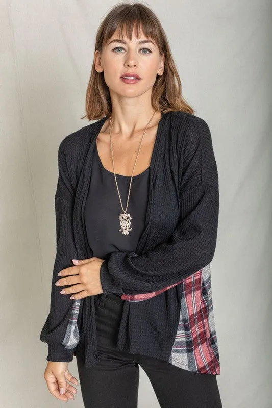 Women's Plaid Back Waffle Knit  Cardigan