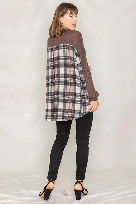 Women's Plaid Back Waffle Knit  Cardigan