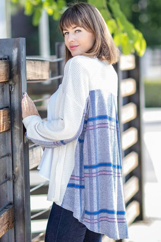 Women's Plaid Back Waffle Knit  Cardigan
