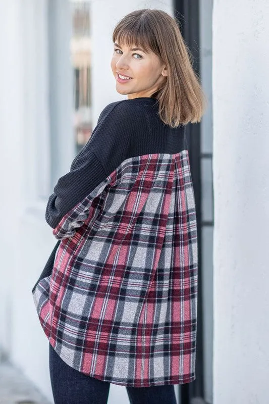 Women's Plaid Back Waffle Knit  Cardigan