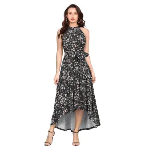 Womens Polyster Printed Helter Neck Sleeveless Dresses Black