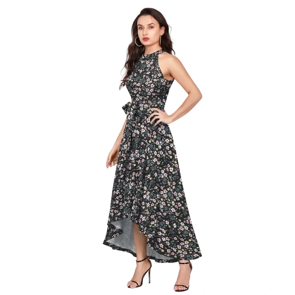 Womens Polyster Printed Helter Neck Sleeveless Dresses Black