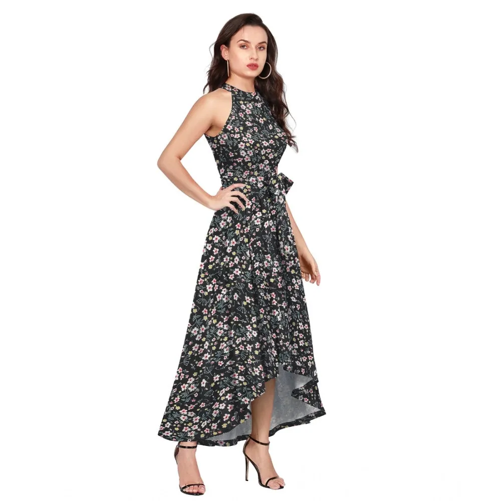 Womens Polyster Printed Helter Neck Sleeveless Dresses Black