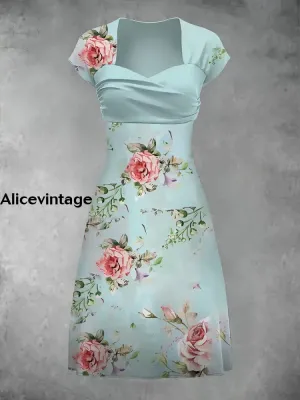 Women's Vintage Floral Print Wrap Midi Dress